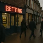 A high street betting shop in the UK with pedestrians passing on a grey afternoon