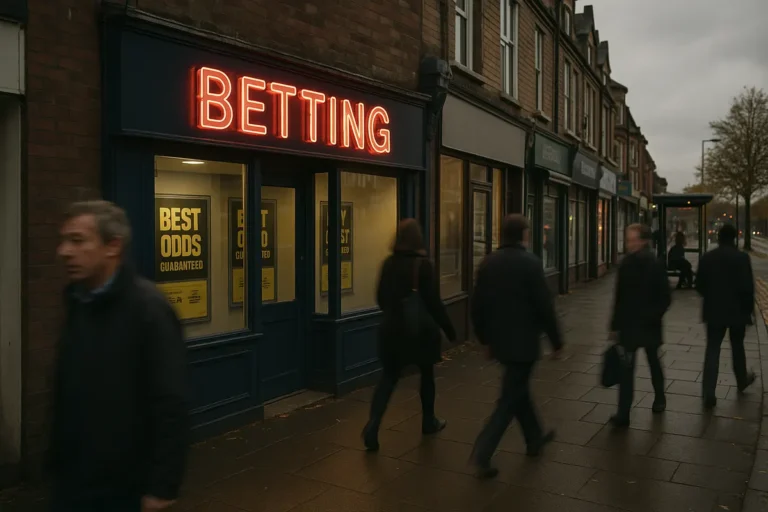 A high street betting shop in the UK with pedestrians passing on a grey afternoon