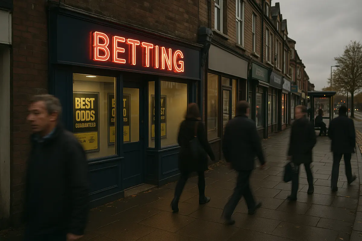 A high street betting shop in the UK with pedestrians passing on a grey afternoon
