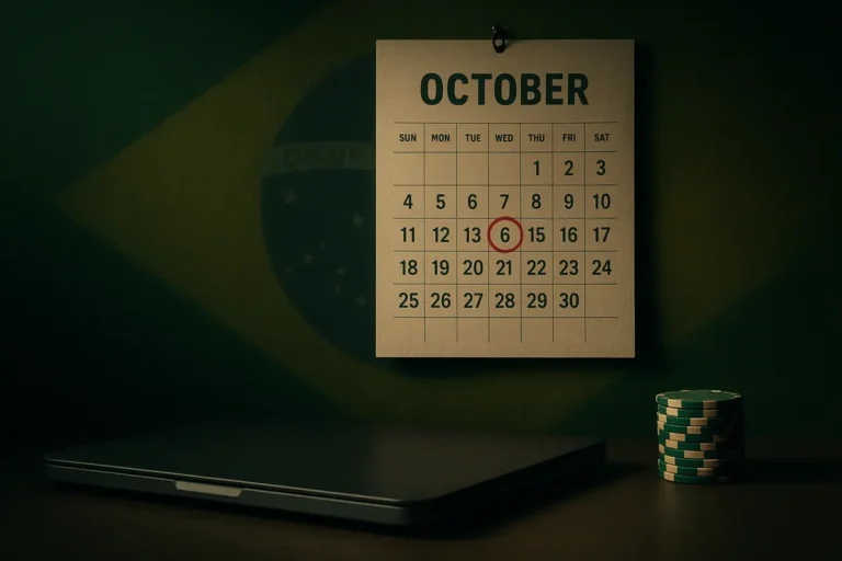 Calendar showing 6 October circled beside a closed laptop, illustrating Brazil's betting market shutdown deadline