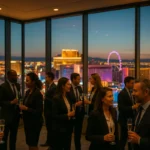 Guests networking at a rooftop cocktail event overlooking the Las Vegas Strip before G2E week