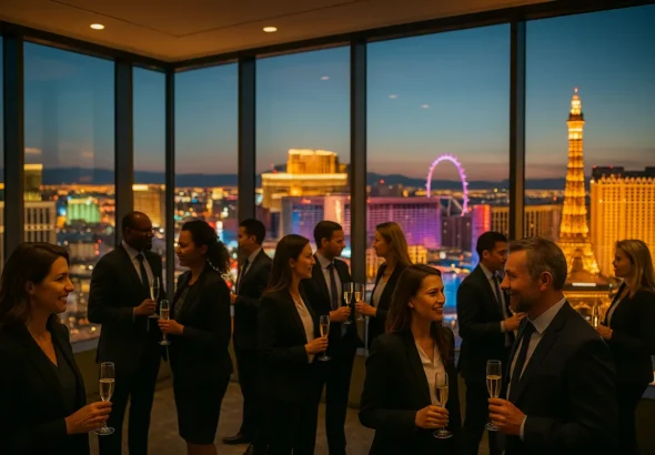 Guests networking at a rooftop cocktail event overlooking the Las Vegas Strip before G2E week