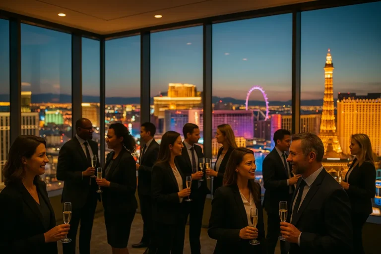 Guests networking at a rooftop cocktail event overlooking the Las Vegas Strip before G2E week