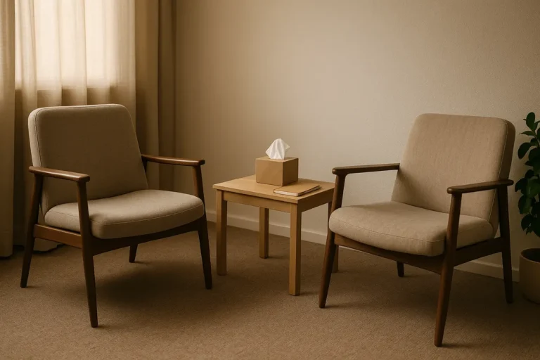 Quiet counselling room with two chairs, representing gambling recovery centre treatment services