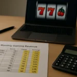 Printed monthly casino revenue table with highlighted growth percentages next to a calculator and laptop