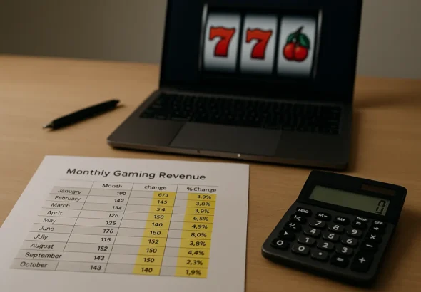 Printed monthly casino revenue table with highlighted growth percentages next to a calculator and laptop