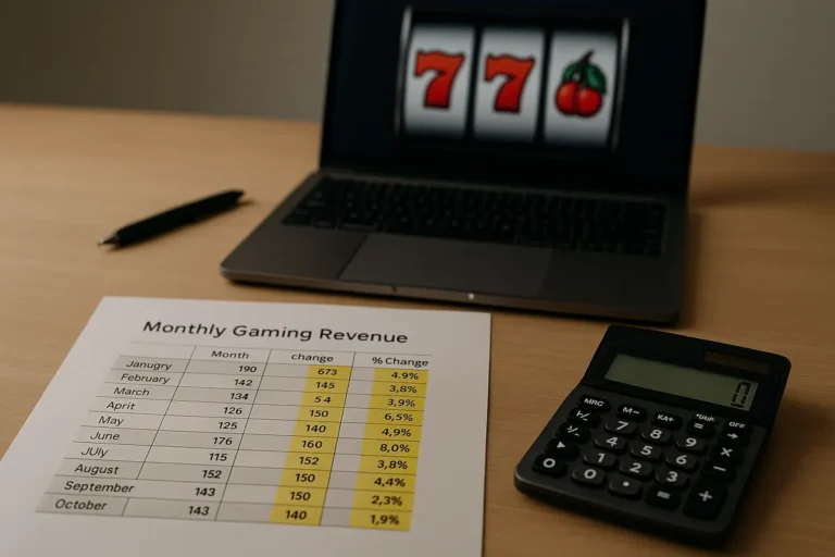 Printed monthly casino revenue table with highlighted growth percentages next to a calculator and laptop