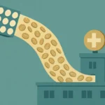 Illustration of betting money flowing from a stadium into a hospital, representing sports betting tax revenue funding public health