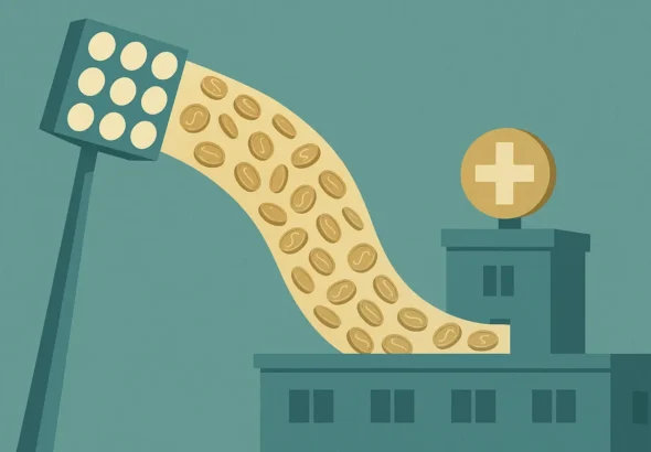 Illustration of betting money flowing from a stadium into a hospital, representing sports betting tax revenue funding public health