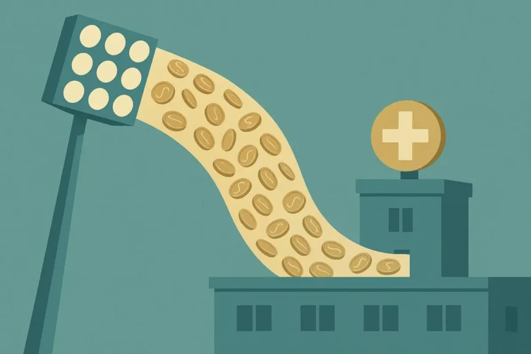Illustration of betting money flowing from a stadium into a hospital, representing sports betting tax revenue funding public health