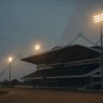 Floodlit racetrack grandstand at dusk illustrating casino real estate ownership