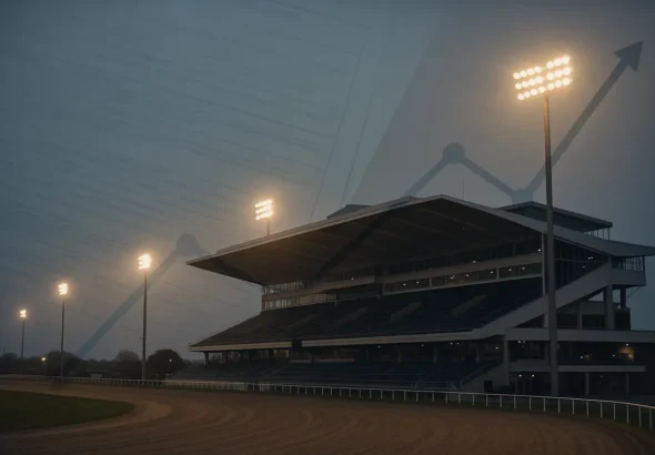 Floodlit racetrack grandstand at dusk illustrating casino real estate ownership