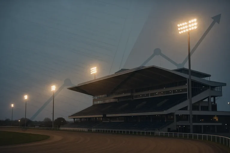Floodlit racetrack grandstand at dusk illustrating casino real estate ownership