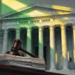 Courthouse columns and legal documents illustrating a constitutional challenge to Brazil's betting ban