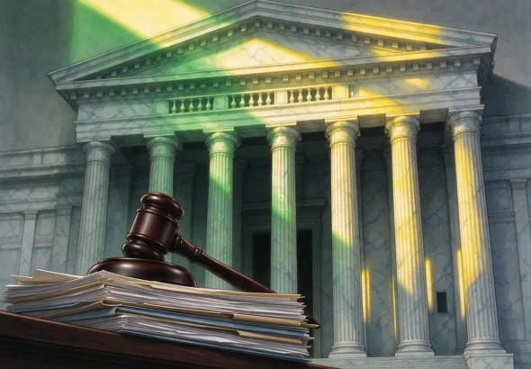 Courthouse columns and legal documents illustrating a constitutional challenge to Brazil's betting ban